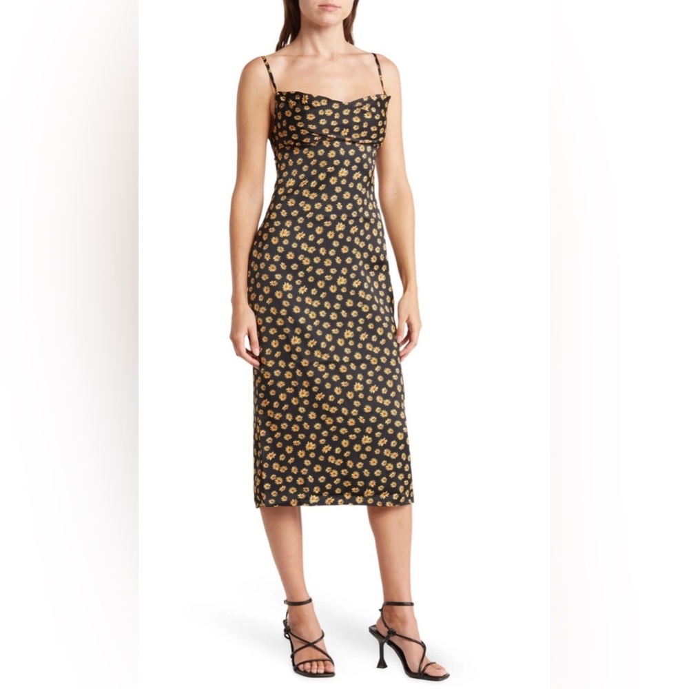 NWT WeWoreWhat Cowl Midi Slip Dress 2 Sunflower Daisy Black Satin Romantic Ditsy